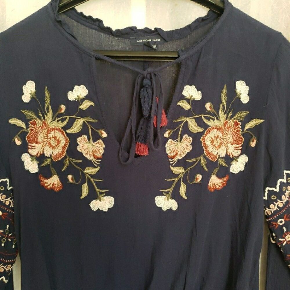 American Eagle Boho Embroidered Tie Neck Top Long Sleeve Semi Sheer Navy Blue XS - Picture 2 of 8